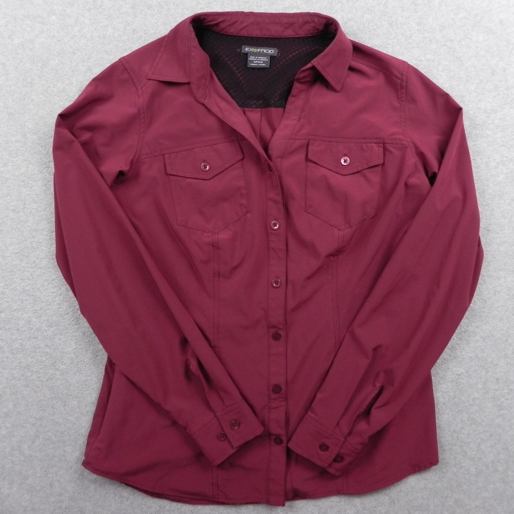 ExOfficio Shirt Top Womens Small 4-6 Utility Pocket Button Up Maroon Long Sleeve